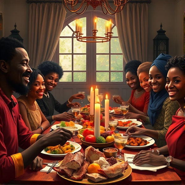 repas chaleureux d'une grande famille afro-américaine réunie autour d'une table festive, sourires et complicité, cuisine traditionnelle, intérieur accueillant
