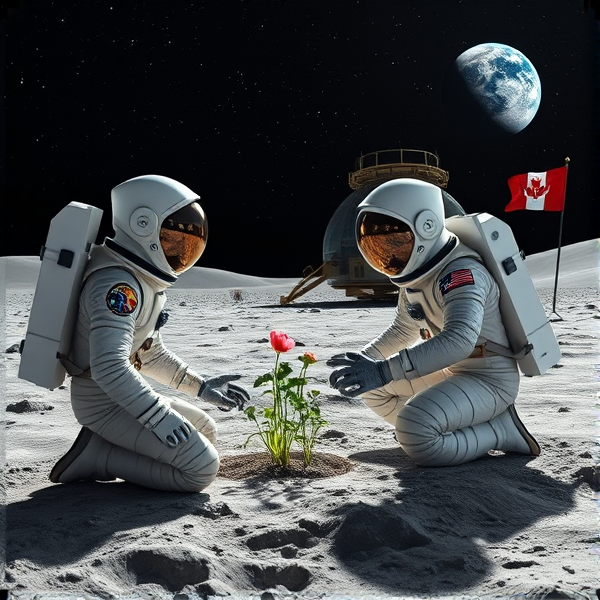 Trois astronautes en combinaison spatiale hautement détaillée de style NASA avec nuances de blanc perle et d'acier chromé, marquages distinctifs et éléments réfléchissants, agenouillés sur le sol lunaire gris poussiéreux à la texture riche. Ils sont accompagnés d'un extraterrestre géant amical, dont la peau iridescente capte l'éclat des étoiles. L'un des astronautes, méticuleux dans ses gestes, se concentre sur la plantation minutieuse de graines de pavot dans un substrat enrichi situé dans un biodôme lunaire transparent abritant un système hydroponique avancé sous une lumière à spectre complet simulant les conditions terriennes pour la photosynthèse. Son casque spacieux reflète parfaitement les alentours lunaires et ses gants équipés de systèmes tactiles manipulent des instruments spécialisés avec précision. En arrière-plan, un module d'atterrissage au design sophistiqué affiche fièrement le logo du Québec. La Terre suspendue offre une vue spectaculaire aux couleurs naturelles tandis que divers instruments scientifiques ultra-précis sont dispersés autour du site : capteurs environnementaux, moniteurs de croissance végétale avec I.A., panneau solaire flexible. Un fanion du Manchester City Football Club flotte près du module habitable, évoquant un partenariat entre les sciences spatiales et le sport. Le paysage lunaire présente des cratères nets et monticules réalistes contrastant avec l'empreinte humaine. La scène est illuminée par une douce lumière diffuse sous un ciel nocturne étoilé présentant constellations précises dans un dégradé allant du noir ébène au bleu outremer.drapeau acadien