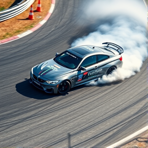 BMW M4 in a dynamic drift on an asphalt track with billowing tire smoke, aggressive stance, high speed action captured, detailed car livery showcasing sponsor logos, racing environment with trackside details like barriers and cones