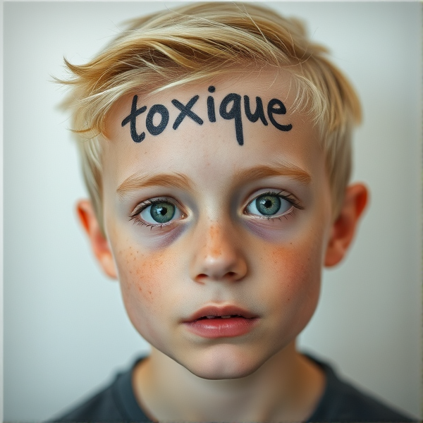 garçon blond yeux marron avec le mot toxique sur sa tête