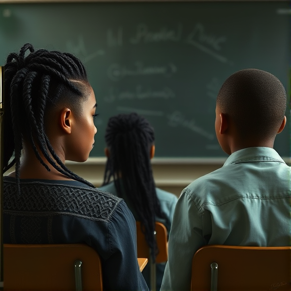 des filles noires de huit ans avec des tresses africaine et garçons assis dans une classe face au tableau