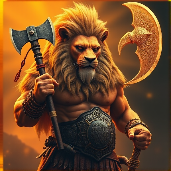 Un Lion barbare dieux du soleil une hache comme Léo escanor, avec des poils de lion et une carrure imposante et avec la ceinture de LA KNIGHT le catcheur et ces lunettes de soleil et sa veste
