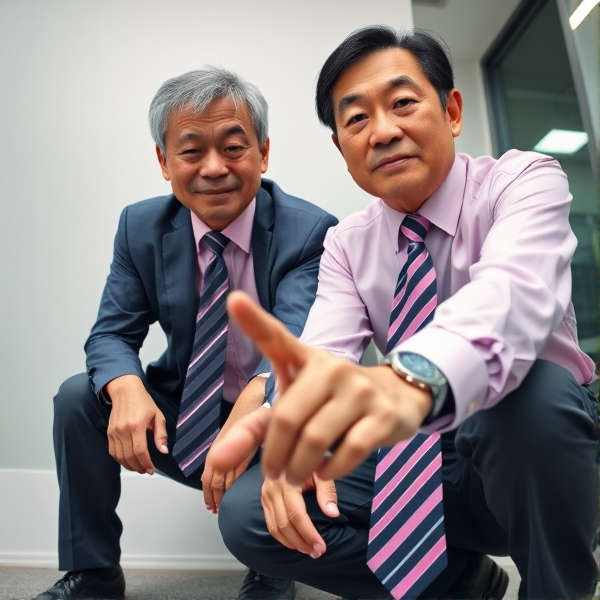 Deux hommes d affaires japonais senior accroupis qui regardent la caméra 
Chemise rose foncée et longue cravate rayée large 
Pointing 
Vue contre-plongée