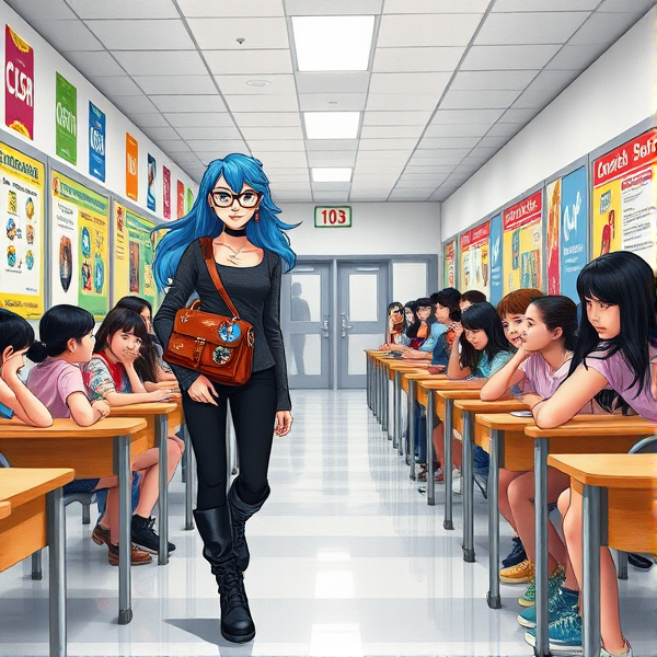 Kiri, with her striking leather shoulder bag patched with an assortment of band logos and her chunky boots, strides through the well-lit high school hallway lined with colorful posters of upcoming events. Her vibrant blue hair flows in loose waves down her shoulders, exuding a rebellious aura. She approaches room 103 and reads the plaque confirming it's Ms. Bellum's English class before entering just as the bell ceases to ring.

Inside, Ms. Bellum stands at the front of the classroom, sharp cat-eye glasses framing her eyes as she looks down her nose with a steely disapproving gaze. She wears a traditional tweed blazer with black slacks that speak volumes of her authoritative nature, and her hair is styled in a tight bun that further defines her no-nonsense demeanor.

Kiri’s arrival draws all eyes to her; Ms. Bellum sizes up Kiri's appearance and quickly judges it, hinting at past troubles from Kiri at other schools. Unfazed by Ms. Bellum's cutting words equating Kiri to trouble incarnate, Kiri responds with a cheeky smile and witty retort about skipping past unfounded judgments to proper introductions.

The classroom is filled with students sitting behind glossy desks arranged in straight rows under bright fluorescent lights; they all watch this exchange between Kiri and Ms. Bellum in silent amazement.

Ms. Bellum’s face contorts in furious surprise following Kiri's bold reply challenging the expectations respect on her very first day. Seizing this moment, Kiri introduces herself to the class showcasing accomplishments like honor roll achievements and perfect attendance records – contrasting sharply with Ms. Bellum’s premature judgment of delinquency.

Kiri concludes her self-introduction which leaves an impression of admiration mixed with bewilderment among her classmates, then heads straight for an empty seat at the front row – ready to be under close observation yet exuding unshakable self-assurance.

Ms.Bellum orders Kiri to visit the principal’s office immediately; despite its punitive intent, it underscores both characters’ strong personalities clashing during this memorable encounter.

In defiance, Kiri rises gracefully amidst growing tension; she delivers a sarcastic comment about being expelled based on snap judgments before gathering her belongings.

As she exits the room, every assertive step she takes echoes throughout the space—her boots against linoleum sound out a rhythm of rebellion until quietness engulfs the classroom once more as student and teacher stand divided by both distance and ideology.