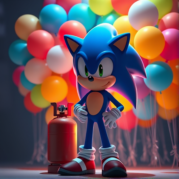 Sonic the hedgehog Standing with helium gas cylinder tank and nozzle big bunch of colorful many balloons