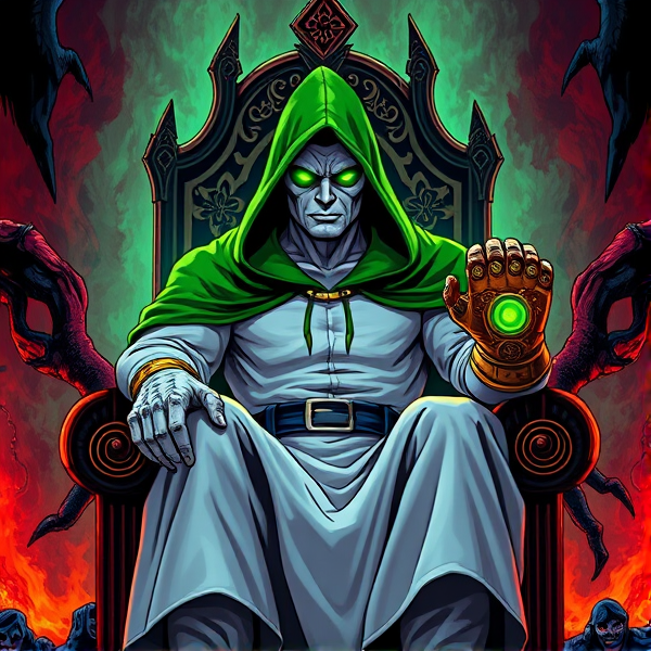 White guy with a green hoodie glowing green eyes sitting on a throne in hell with the infinity gauntlet on his left hand