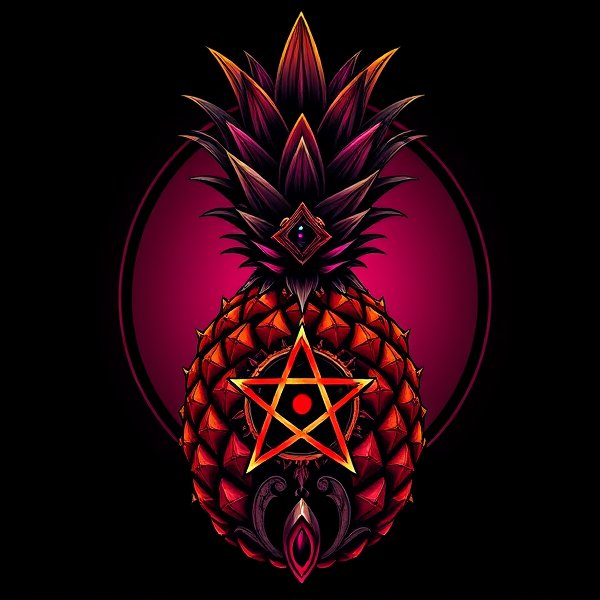 Conception de logo haut de gamme avec un ananas stylisé dans une esthétique gothique-victorienne, incorporant des ornements détaillés et des symboles ésotériques tels qu'un pentacle et l'œil d'Horus. L'ananas doit présenter une palette chromatique élégante qui transite doucement de l'orange au jaune puis au rose, avec une texture rappelant le cuir noir de luxe. L'ornementation de l'ananas se caractérise par des épines délicatement ouvragées et ses yeux projettent une lueur rouge sombre, contribuant à une ambiance mystérieuse et subtilement menaçante. La fusion du raffinement victorien avec des touches exotiques offre un design captivant destiné à charmer un public averti, mettant en scène un kaléidoscope de couleurs vives mais harmonieuses.