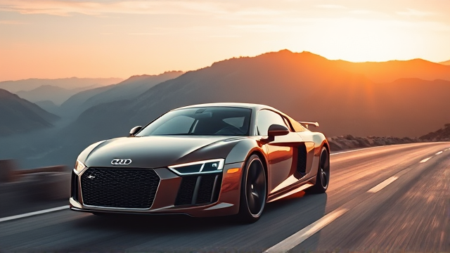 Audi R8 on a scenic mountain road during golden hour, highly detailed, showcasing the sleek design and reflective metallic paint, dynamic angle that emphasizes speed and luxury