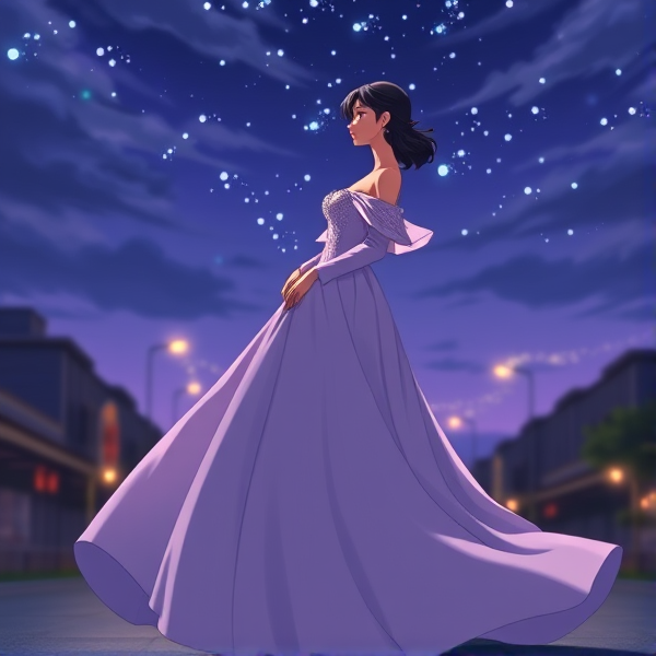 a floor length gown that was a light shade of lilac. The gown itself is flowy and made of light fabric, with a sweetheart neckline and a fitted bodice that hugged the waist with embroidered details on it and long flowy sleeves that are off the shoulders. The skirts flared out slightly at the hips, creating a gentle A-line shape.