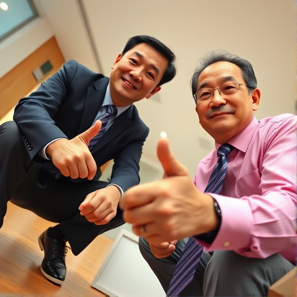 Deux hommes d affaires japonais senior accroupis qui regardent la caméra 
Chemise rose foncée et longue cravate rayée large. Businessmen snaps their fingers 

Vue contre-plongée