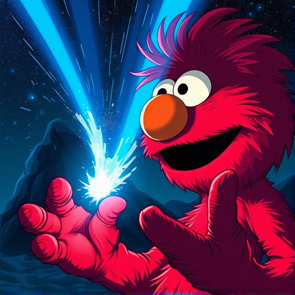 Elmo using a blue beam of light from his hands exploding a rock in the distance