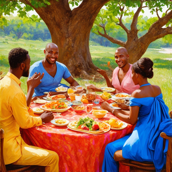 prompt: Un grand repas de famille traditionnel en plein air sous un baobab en Afrique, avec des plats locaux colorés et variés, des fruits exotiques, une grande nappe colorée, des hommes et femmes africains vêtus de tenues traditionnelles multicolores souriants et partageant un moment convivial