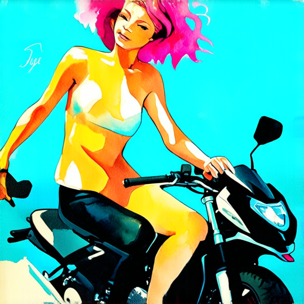 Aquarelle dynamique et détaillée : Femme avec des cheveux rose fuchsia sur une moto noir. Decor baie de citron à nouméa nouvelle calédonie mer turquoise sable jaune