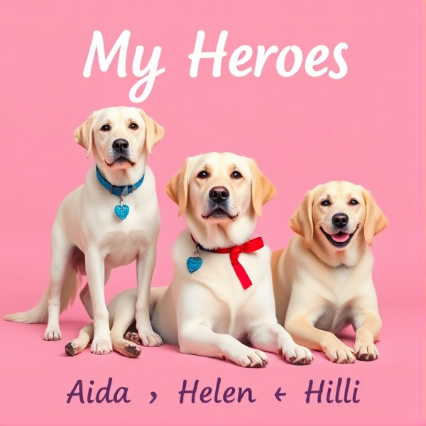 create poster with "My Heroes" and pink background. On the bottom says Aida, Helen & Hili. The poster has three female dogs. one dog is beautiful 3 yeat old white cross-breed labrador and golden retreiver guide dog standing with a smile and wagging tail with blue name tag says Aida. next to her is laying a light colored beautiful three year old labrador with red name tag that says Helen. Helen's long ears are a bit darker at the bottom. next to Helen sits a beautiful light colored smiling fit golden and labrador cross bread 1 year old with long light ears smiling with a pink bow around neck