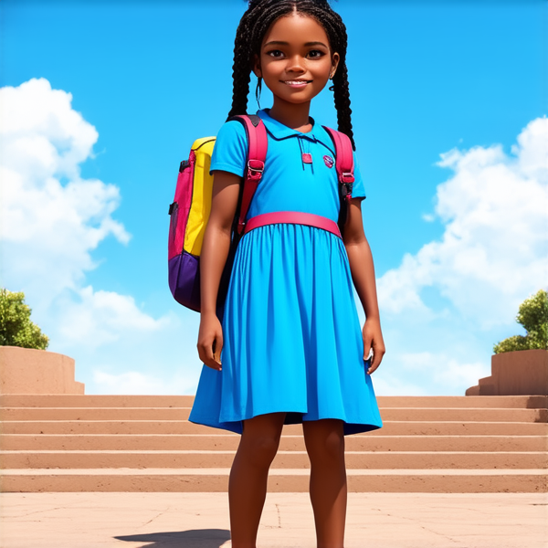 Jeune fille africaine de 8 ans habillée en robe bleue portant des tresses africaines élaborées et un sourire joyeux, debout fièrement avec un cartable coloré sur le dos devant les marches d'une école primaire, sous un ciel bleu clair d'après-midi.