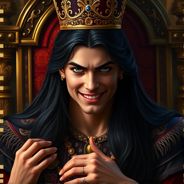 A regal young man personifying vanity, with luxurious long black hair cascading down his shoulders, intense green eyes that pierce the soul, and a smug grin etched on his face. He dons an ornate crown atop his head, seated imperiously upon a throne. At his feet kneel subdued peasants in a display of reverence.