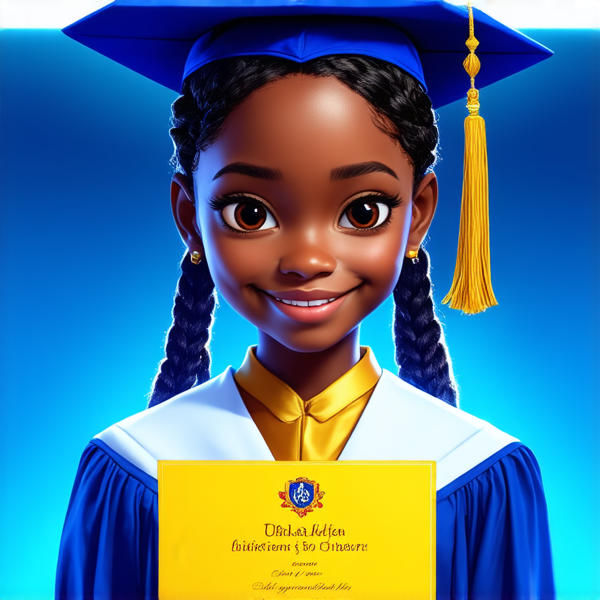 jeune fille noire de huit ans avec des tresses africaines traditionnelles, habillée élégamment pour une cérémonie de remise de diplôme, tenant son certificat, souriante et fière