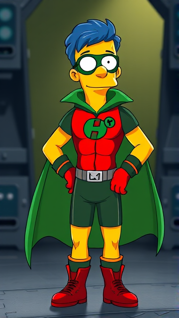 Milhouse Van Houten from The Simpsons, with his yellow skin, really big round nose, and blue hair that's slicked back and curled up at the top, but as a tall, 18-year old teenager, dressed as a parody of Robin, The Boy Wonder, with an extremely muscular torso and arms, a dark green bodysuit with a red torso adorned with a green H symbol on his chest, a grey utility belt, red boots, red long-cuffed gloves, a big, heel-length long, ultra-wide green cape, and a green eye mask with optical lenses in it, now known as Houseboy, The Nerd Wonder, the other half of Springfield's Dynamic Duo, and one of the greatest vigilante superheroes ever known in Springfield. He is currently standing in his secret high-tech underground lair, ready for action.