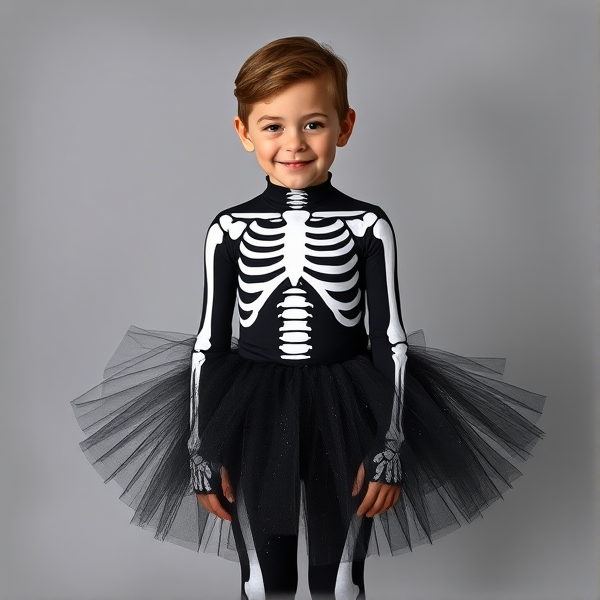 Make a 5th grade boy wearing a skeleton costume with black tutu that sparkles and tights