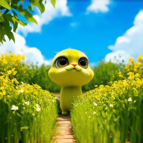 Jardin luxuriant avec diverses fleurs colorées, arbustes verdoyants, un chemin de gravier sinueux et une élégante clôture blanche en bois, sous un ciel bleu clair avec quelques nuages dispersés