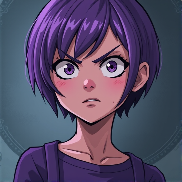 A short purple haired girl with a mean smirk