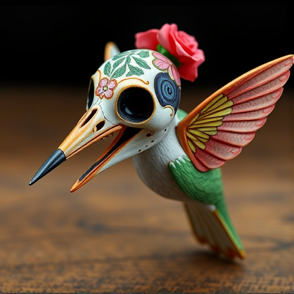 Humming bird skull and body that is decorated like a sugar skull
