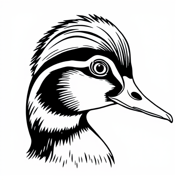A black and white drawing of a wood ducks head. Like for a coloring page very simple don’t show any hair