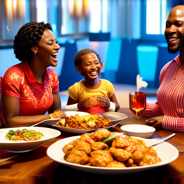 Repas de famille afro-américaine chaleureux et convivial, avec un grand assortiment de plats traditionnels soul food sur une grande table en bois, entourée de membres de la famille riant et partageant des moments ensemble dans une salle à manger bien éclairée et décorée pour l'occasion