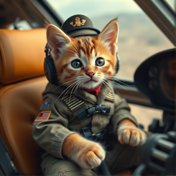 Kitten in airforce uniform riding in a chopper