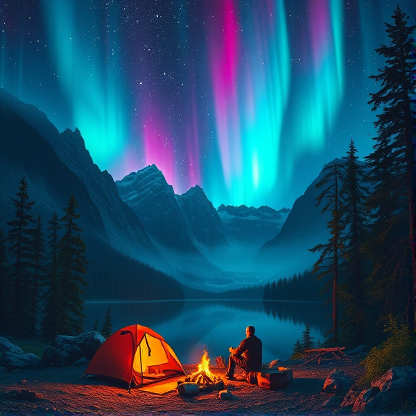 A man camping in aurora with fire forest and mountains and lake in neon