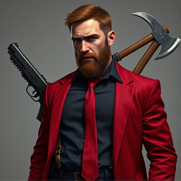 A highly detailed, full-body portrait of John Abraham Marston, an embodiment of the quintessential rugged male operative. grey skin, He sports short, blood red hair and a meticulously groomed beard that contours his jawline and highlights his resilience. His left eye is obscured by a gold tactical eyepatch, beneath which runs a pronounced scar—a silent chronicle of his combat experiences and the resultant loss of vision. Poised with an air of cultivated authority, he is dressed in a crisp black button-down shirt neatly tucked into expertly fitted black trousers, held up by shining leather suspenders. A vivid red tie adds a pop of color to his ensemble. His look is completed by a bespoke red blazer with discreet Kevlar reinforcement for discreet protection, hinting at the dangers inherent in his line of work. Shiny dress shoes anchor his feet, reflecting the seriousness with which he approaches his duties. Equipped for engagement, John carries Desert Eagles with matte gold finishes and custom green laser sights for supreme accuracy. Overlapping behind him in an X configuration are his signature melee implements: a razor-edged katana and a robust fireman's axe—silent affirmations of readiness for hand-to-hand conflict. These elements underscore his allegiance to "the agency," where he navigates the shadowy corners of society while silently battling alcoholism as a means to manage post-traumatic stress disorder symptoms. His left arm reveals cybernetic enhancements acquired from past experimentation