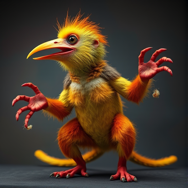 An imaginative creature that combines the body of a kiwi bird, prehensile limbs of a monkey, adorned in bright, vivid colors and captured in a dynamic and spirited pose
