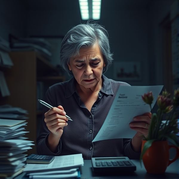 Photorealistic depiction of a middle-aged woman with furrowed brow and stressed expression, standing in a cramped, dimly lit office. She is gripping a pen in one hand and clutching an "overdue" marked invoice in the other. Her tiny desk is cluttered with an overflow of paperwork, beside which sits a broken calculator and a cup of wilted flowers. The flickering fluorescent lights cast sharp shadows, contributing to the oppressive atmosphere. The camera captures her frustrated expression at eye level amidst the constricted microfinance workspace setting, emphasizing the details such as crumpled papers, texture of her plain attire, and her poignant facial features.