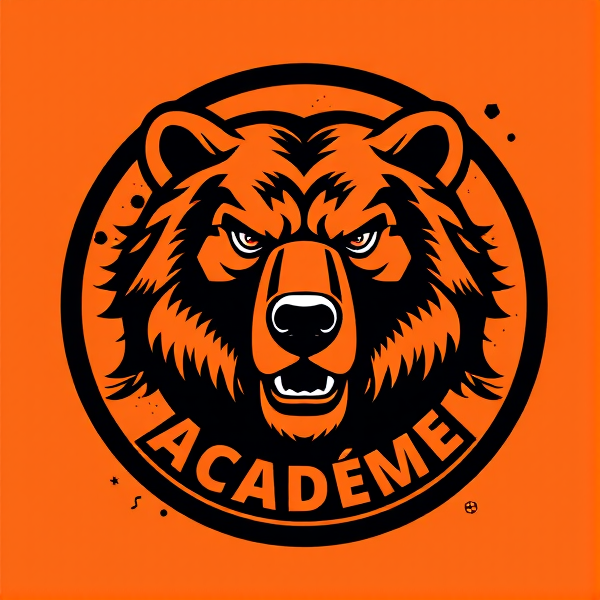Créez un logo d'équipe de soccer captivant avec un grizzly concentré comme motif principal. L'emblème, central et imposant, représente un ours féroce aux yeux perçants, incarnant force et détermination. Les couleurs prédominantes sont un orange vibrant et un noir profond, créant un contraste saisissant qui symbolise l'énergie et l'intensité du sport. Le logo a une forme circulaire parfaite, encadrée d'une bordure noire épaisse et robuste qui lui donne de la substance et du poids visuel. Dedans le cercle se trouve le texte "Tilt Académie" écrit en caractères audacieux et modernes, avec une typographie épurée pour faciliter la lecture tout en ayant une présence forte.

L'arrière-plan est habilement stylisé pour évoquer le mouvement et la passion liés au soccer ; il peut s'agir d'illustrations abstraites représentant des traînées dynamiques ou des motifs évoquant une vitesse fulgurante. Des éléments de football subtils sont intégrés dans le design pour renforcer le thème sans surcharger le visuel : pensez à des contours suggestifs de ballon de soccer ou à des silhouettes abstraites de joueurs en action disséminées autour du grizzly.

La composition globale doit respirer la vitalité et exsuder une présence forte, capable d'inspirer tant les joueurs que les supporters. L'objectif est d'avoir un impact immédiat tout en restant intemporel, afin que l'emblème reste pertinent saison après saison.Tilt Académie