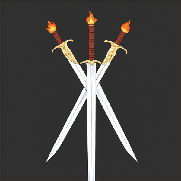 Trois épées croisées en leur centre. L'épée du milieu représentant l'élément du feu est placée verticalement. L'épée représentant l'element de la terre de manière féminine, elle est placée avec un angle 315 degrés par rapport à l'épée verticale représentant le feu. L'épée représentant l'élément du vent est placée 45 degrés par rapport à l'épée verticale représentant l'element du feu. Les épées sont de style médiéval européen et ont leur pommeau vers le haut. L'image doit être réaliste.