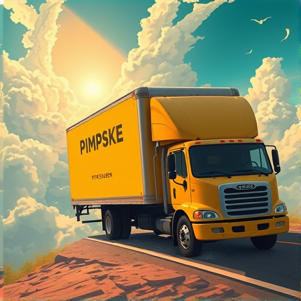 In heaven, all yellow moving truck that says the word "PIMPSKE" ON THE SIDE of trailer, black driver waving out window, truck is driving into heaven