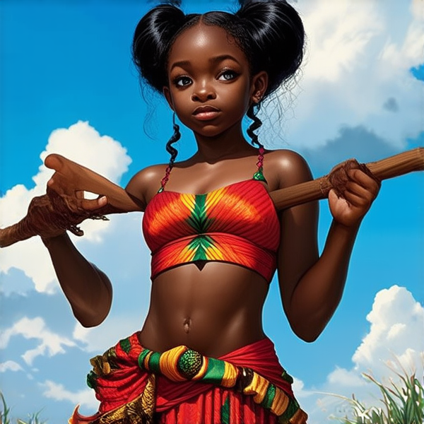 une fillette de 8 ans noir avec des tresses africaine faisant avec un balai à la main qui fait le menage avec ses deux freres noirs