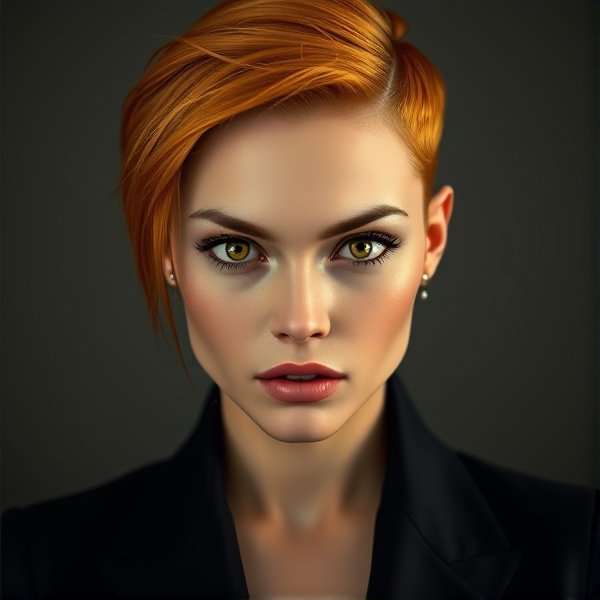 Handsome tomboyish but also pretty looking orange haired woman in a black masculine suit. Expressionless.
(Yellow eyes)
(Short hair, slick back revealing forehead. Clean Undercut on left side only. Right side hair is more than the left side)
(No makeup)
(Masculine sharp jawline face)
(No lipstick, lips doesn't shaped like love. Pale lips color)
(100% looks like a boy)
(Pretty broad shoulders)