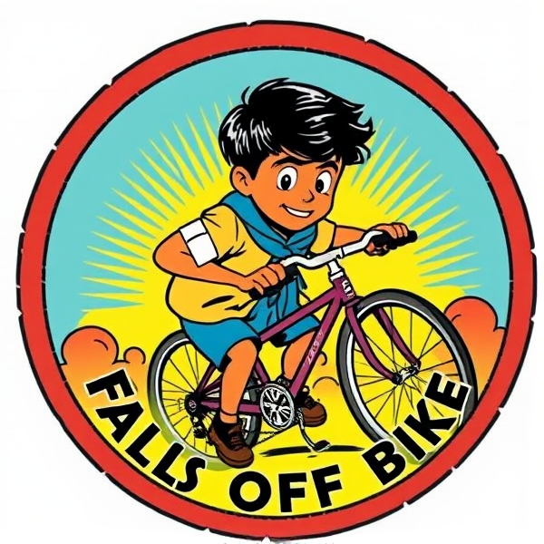 Highly detailed, vibrant illustration of a round Boy Scout merit badge, featuring a stylized comic scene where Arjun, a half Indian boy, is depicted having just taken a minor tumble from his bicycle. He appears slightly disconcerted but unharmed, with an adhesive bandage on his elbow as the focal point. Encircle the scene with the words “Arjun Falls Off Bike”. Ensure clarity and legibility throughout the design.
