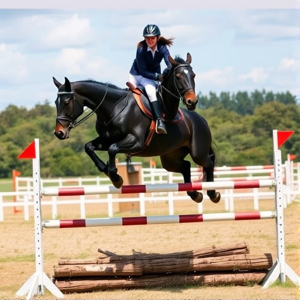 lady jumping a black horse over a roll top cross country horse jump