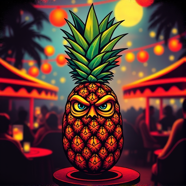 Conception d'un logo luxueux et détaillé, représentant un ananas stylisé aux traits exotiques et artistiques au centre d'une scène festive. Les initiales "J2" sont intégrées de manière originale et bien visible dans le design, avec une touche créative qui les fond dans l'image sans les dissimuler. L'ananas affiche un visage expressif qui ajoute un caractère unique à la composition.