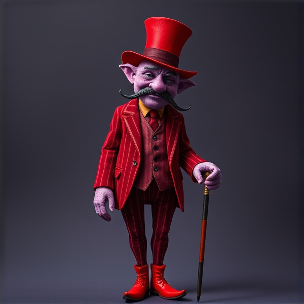 A dreamy elder man figure with purple skin, a dark squiggly mustache, long pointy skinny nose, and a striped red velvet suit with a cane and a a top hat to match his suit and he’s tall and skinny. Pointy red dress boots long legs