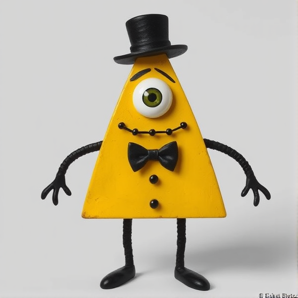 When Bill takes physical form, He looks like a small yellow pyramid with one eye, black arms and legs, a black hat, and a bow tie.