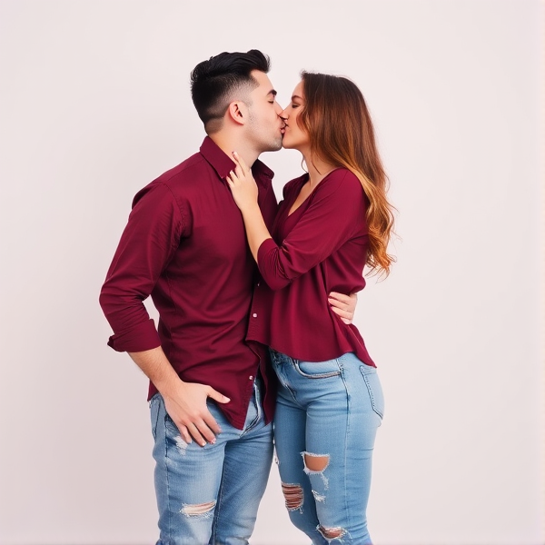 Man and woman kissing. Both wearing a maroon shirt with ripped jeans