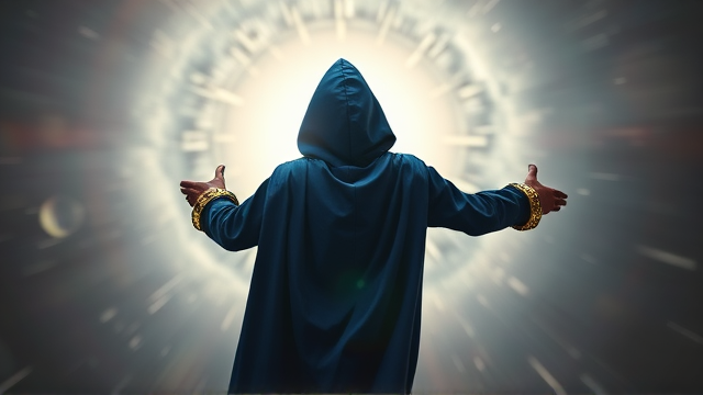 Back angled view of a little boy disguised and transformed into a mysterious blackened and shadowy figure with superpowers wreathed in a big blue hooded cape draped around his obscured body, calling himself the Chosen One, only being seen by his hooded and caped backside, flying through an interdimensional vortex, with 50 magical golden Power Rings on his arms in front of him, 25 each covering them both. He soars through the air in the vortex with his cape billowing majestically, on his way back to Earth so he can confront the villain responsible for banishing him.