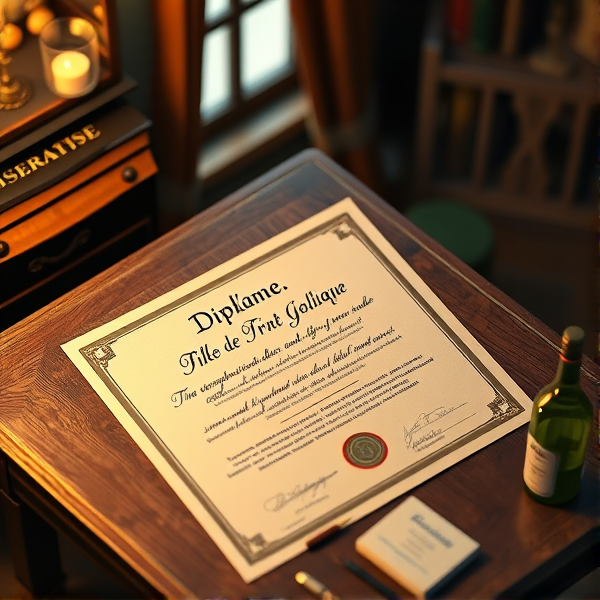 Diplôme écrit en français posé sur une table