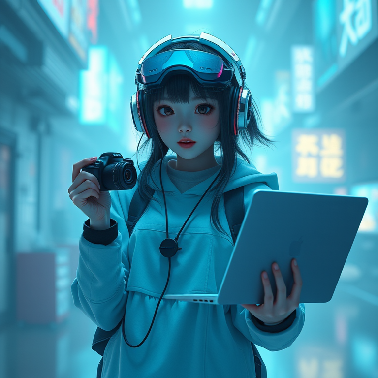 artoon China 20-year-old girl standing, holding a laptop in one hand and shooting with a mini camera in the other hand, wearing cyber headphones, cyberpunk, light blue style, surreal science fiction, optimized materials, movie poster, glow effect, high details, detail shot (ECU), Unreal Engine, Quixel Megascans rendering, 3D