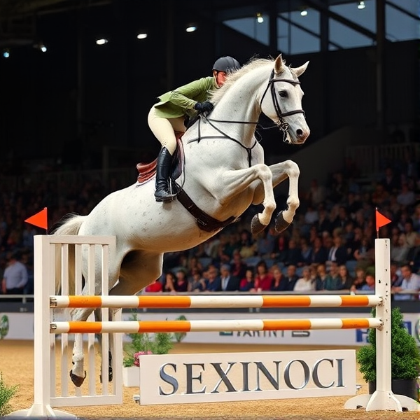 lady jumping a white horse with grey dapples over a big showjumping jump in competition show full jump