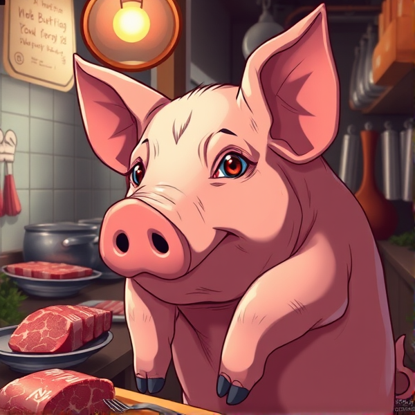 Un cochon boucher a la boucherie