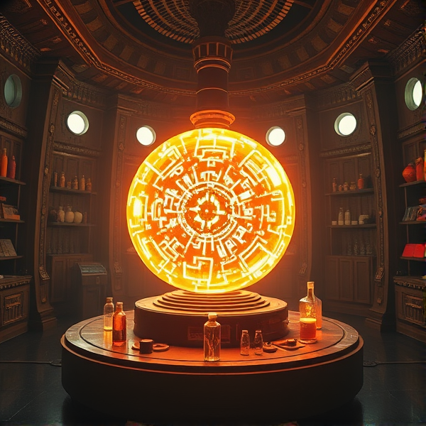 Orbe de haute technologie brillant, servant de source d'énergie centrale dans un laboratoire fantastique datant de la Grèce antique humour subtil